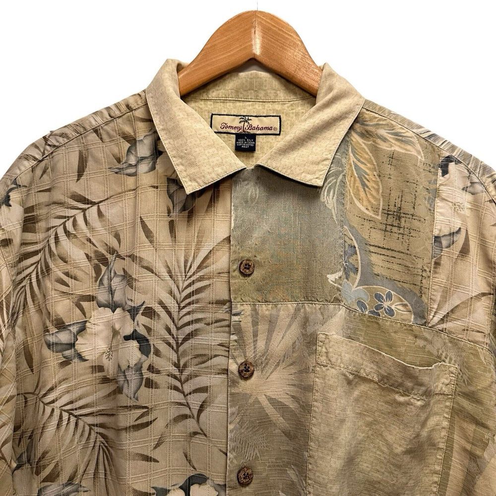 Tommy Bahama Men's L Button Front Hawaiian S/S Silk Shirt Floral Patchwork Beige